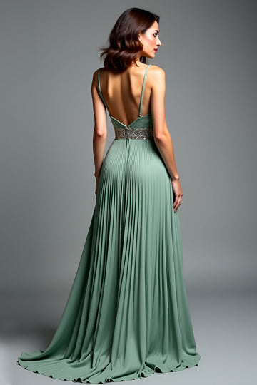 Dusty Sage Spaghetti Straps Ruched A Line Prom Dress with Slit